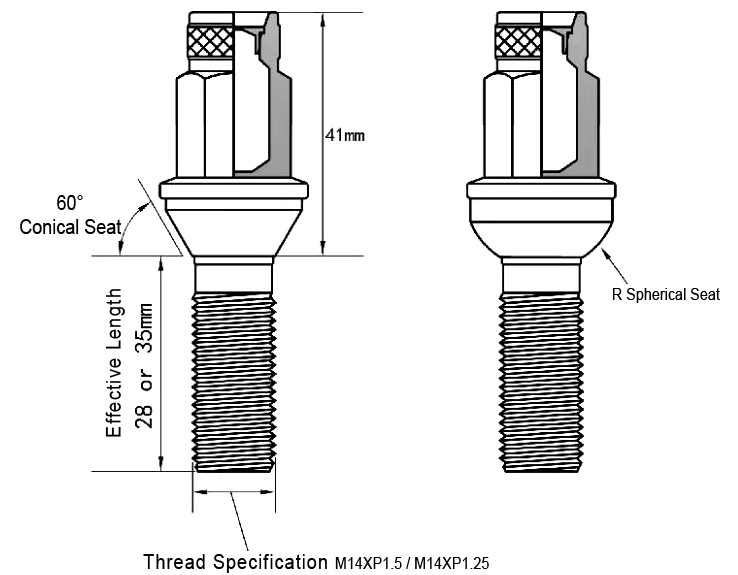 60 degree conical seat vs R spherical ball seat - lug nut and wheel bolt cross-section comparison
